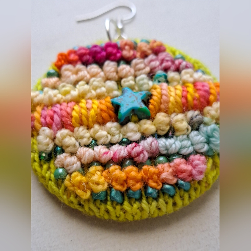 Hand Crafted Multicolor Crochet Round Earrings with Teal Star Accent - Picture 16 of 16